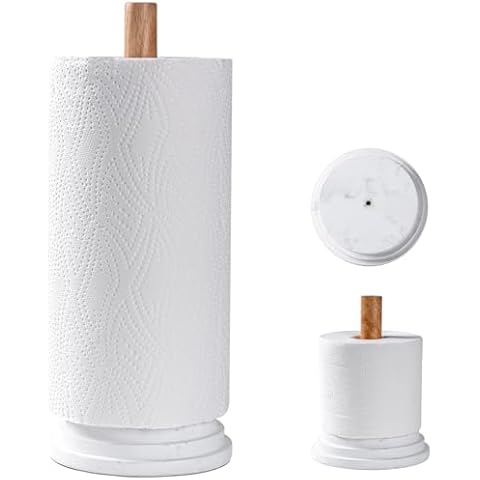 Marble White Standing Paper Towel Holder for Kitchen Countertop,Toliet Paper Roll Holder for Bathroom with Weighted Resin Base and Sturdy Wood Stand,for Standard or Plus Rolls, Height-Adjustable Cover