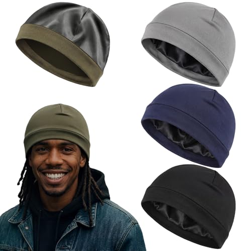 Unittype 4 Pcs Satin-Lined Skull Cap Satin Interior Lined Beanie Cap Wearable Night Sleep Hat for Men Women Hair Protection (Black Olive Green Navy Blue Dark Gray)