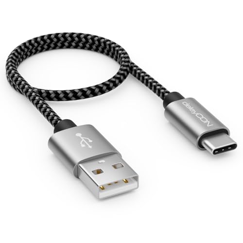deleyCON 0,30m Nylon Cavo USB-C 30 cm Corto Cavo di Ricarica Cavo Dati USB Tipo C Spina in Metallo Ricarica e Sincronizzazione di Telefono Cellulare e Smartphone