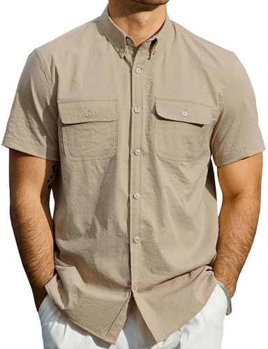 JOGAL Mens Button Down Short Sleeve Shirt Regular Fit Button Up Work Shirts with Two Pockets Light Khaki Large