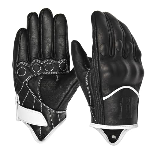 Harssidanzar Gants de Moto à écran Tactile en Cuir de chèvre à Doigt Complet pour Hommes GM028E, Noir/Blanc, Taille S