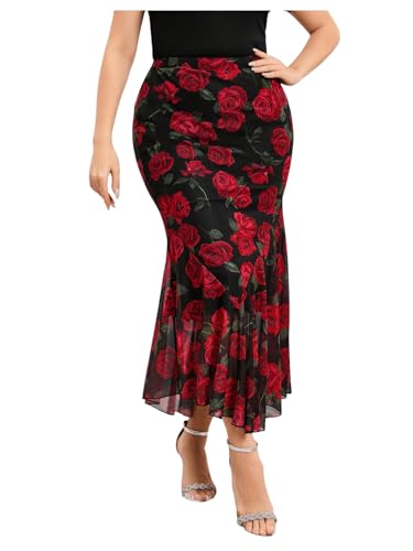 WDIRARA Women's Plus Size Floral Ruffle Hem Bodycon Midi Skirt Elastic Waist Fishtail Skirts