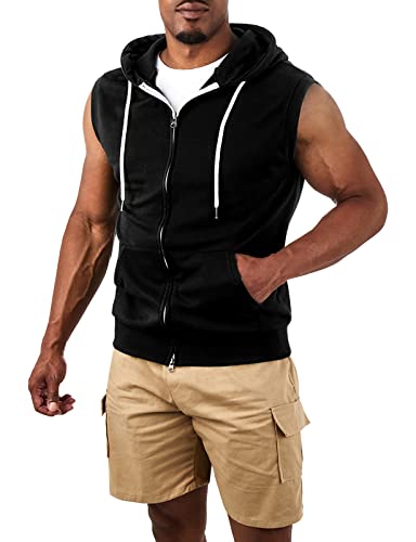 Image of Ohoo Mens Slim Fit Sleeveless Lightweight Zip Up Hooded Sweatshirt Vest Hoodie