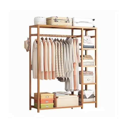 JF HOME BLISS Bamboo Clothes Rail Garment Rack 147x90x30cm Open Wardrobe with 4-Tier Storage Shelves Natural Wood Clothing Hanging Stand for Bedroom Living Room & Entryway