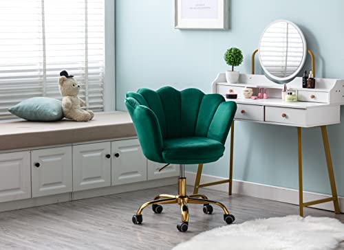 ZOBIDO Comfy Home Office Task Chair with Wheels, Cute Modern Upholstered Velvet Seashell Back Adjustable Swivel Vanity Desk Chair, for Women, for Girls, Living Room (lac vert)