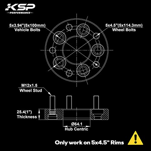 Ksp 5X100 To 5X114.3 Wheel Adapters, 25Mm Forged Lug Centric Convert Spacer 64.1Mm Hub Bore With M12X1.5 Studs, Only Work On 5X4.5”Rims(Such As Compass Wrangler Cherokee Liberty) #TOP2