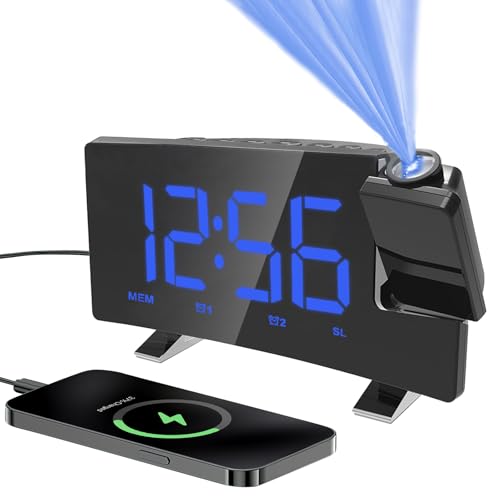 GHDVOP 目覚まし時計 LEDデジタル投影時計 置き時計 7インチ大画面 見やすい 天井投影 時計 180°回転投影 オシャレ 自動調光 4段階明るさ調整 FMラジオ 12H/24H時間表示 アラーム/スヌーズ機能 夜間ライト付 携帯充電可 記憶機能 USB給電 簡単設置 ホーム オフィス インテリア ギフト 日本語説明書付き(ブルー)