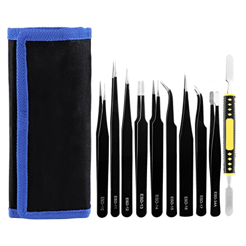 10 Pcs Pinzas de Precisión Kit, ESD Anti estática Acero Inoxidable Pinzas Industriales para Electrónicas, Trabajo de Laboratorio, Joyería, Maintenance Tools, Negro