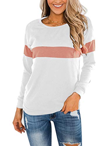 Minthunter Women's Long Sleeve T Shirt Causal Round Neck Pullover Color Block Tunic Tops White