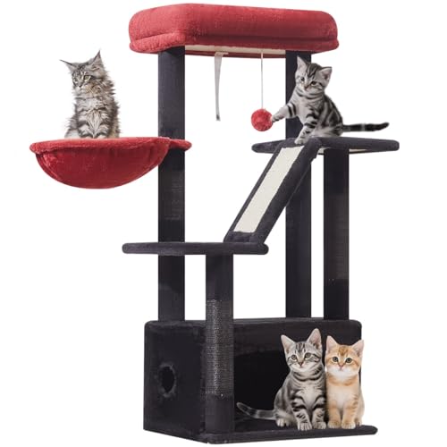 Image of Taoqimiao Gothic Cat Tree, 38.5In Cat Tower for Indoor Cats, for Kittens | Thick Padded Top Perch, Luxurious Cat Condo, Adjustable Basket, 1-Piece Ramp Scratcher, 3 Natural Sisal Posts, MS029SBR