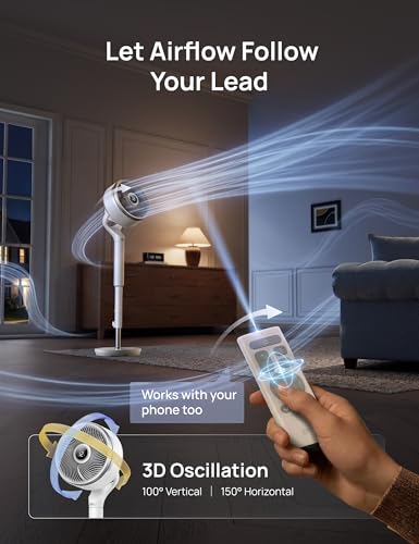 Image of DREO Smart Fan for Bedroom, standing 150 +100 Omni-Directional Oscillating Fans, 120ft CirculAir Quiet Fan with DC Motor, 12 Speeds, 6 Modes, 20dB,Remote Control, 8H Timer