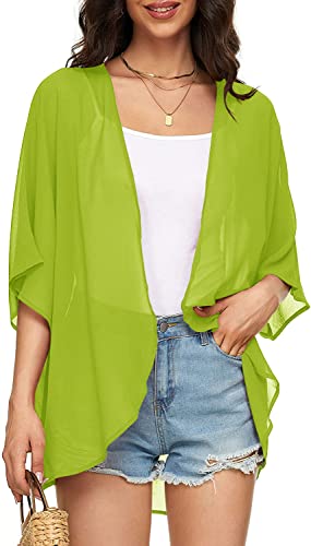 Image of Indian Trendy Women's Solid Puff Sleeve Kimono Cardigan Loose Cover Up Casual Blouse Top Chiffon