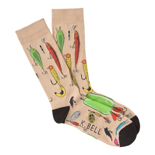 K. Bell Socks mens Sports and Outdoors Fun Novelty Crew Casual Sock, Fishing Lures (Khaki), Shoe Size 6-12 US