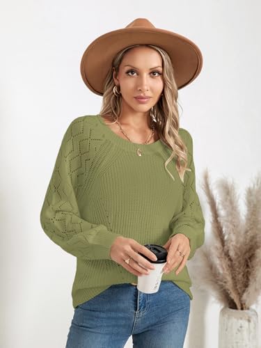 Image of Libsorge Womens Cute Crochet Knit Hollow Out Sweater Fall 2024 Lightweight Ribbed Crewneck Long Sleeve Pullover Top