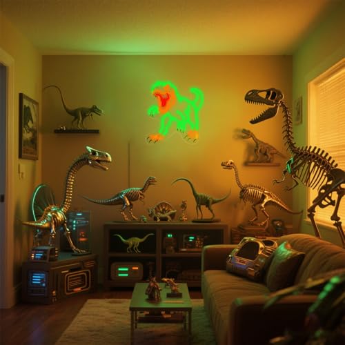 Image of Dinosaur Neon Wall Sign - Dimmable T-Rex LED Light for Jurassic Party, Boys Bedroom, Halloween Decor, Spooky Gift for Teens, 14.5x13.6 inch USB Powered