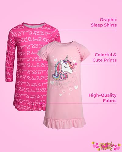 Sweet & Sassy Girls' Nightgowns - 2 Pack Long Sleeve & Short Sleeve Graphic Sleep Dress Pajamas - Sleepwear for Girls (4-14)2