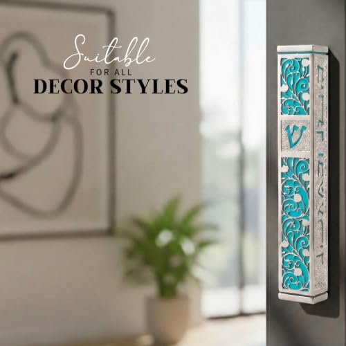 Image of SURI Mezuzah for Door with Scroll, 7 Inch Silver and Blue Mezuzah Case with Non Kosher Scroll Inside, Fits a up to 6 Inch Scroll, Includes Adhesive and Gift Box