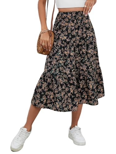 Milumia Women's Floral Print Ruffle Hem A Line High Waist Flare Flowy Midi Skirts Floral Ruffle Hem Black Large