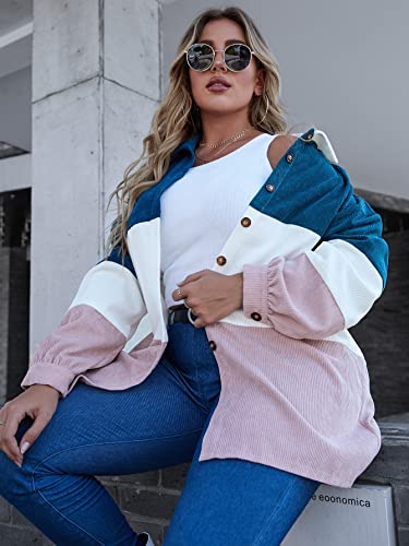 Corduroy Shirt for Women Plus Size Striped Button Down Blouse, Casual Color Block Long Shacket for Stylish Outfits2