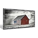 Barn Picture Framed Wall Art: Rustic Black White Farmhouse American Flag Print Wood Decor Horizontal Patriotic Country Farm Artwork Panoramic Living Room Nature Landscape Rural Countryside Scene Painting for Home Bedroom