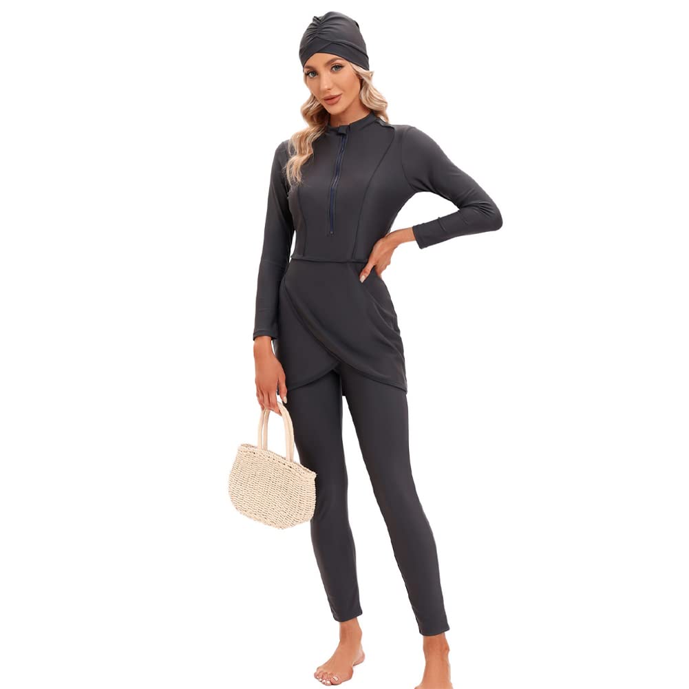 IMEKIS Burkini Musulman Maillot de bain pour femme Motif floral Maillot de bain Islamique Maillot de bain manches longues Rash Guard Fermeture éclair Haut de bain avec maillot de bain Hijab 3 pièces