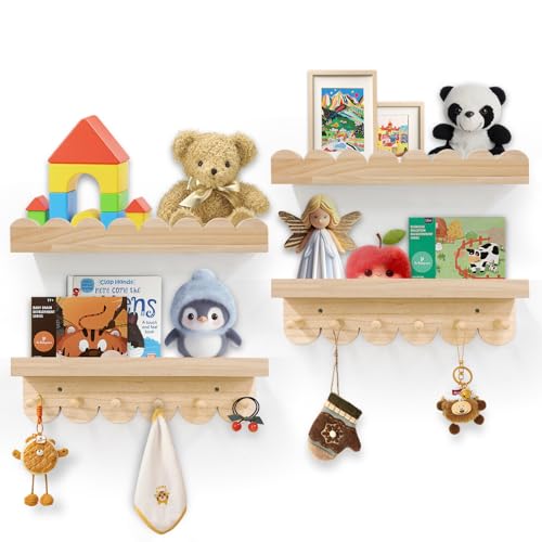 Varbonia Floating Nursery Book Shelves for Wall, 16'' Wood Book Shelf for Baby Boys Girls Bedroom Bathroom and Décor Storage, Wall Shelf for Books, Plants, Toys, Photo Frames (Wooden, 4 Pack)