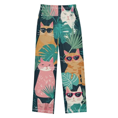 Tropical Palm Tree Cat Boys Long Pants Soft Trousers Elastic Waist Kids Lounge Bottoms with Pockets S-XL
