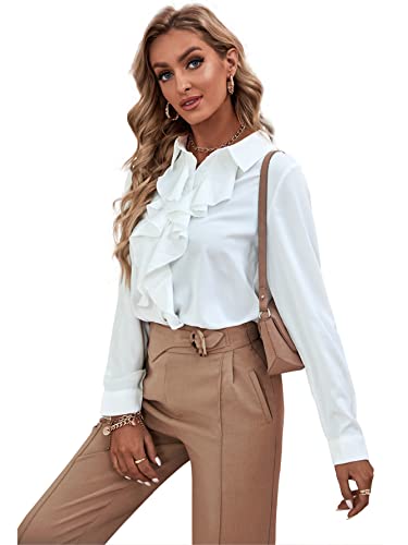 Lyaner Women's Collar Neck Button Down Ruffle Front Long Sleeve Blouse Shirt Top White Medium #TOP5