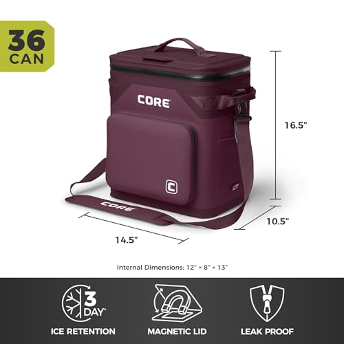 Image of CORE Magnetic Leak Proof Soft Cooler with Waterproof Zipper | Insulated Bag Portable Ice Chest Box | Best Soft Cooler for Food & Beverages for Tailgating, Car Camping, Travel, and Family Beach Picnics