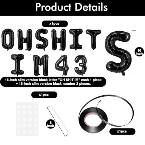Image of Oh I'm 43! Latex Balloons 16 Inch Black Hallo Forty Three Cheers to 43 Years Old Theme Decor for Man Woman Happy 43rd Birthday Party Photo Studio Prop Flag Decorations Favors Supplies