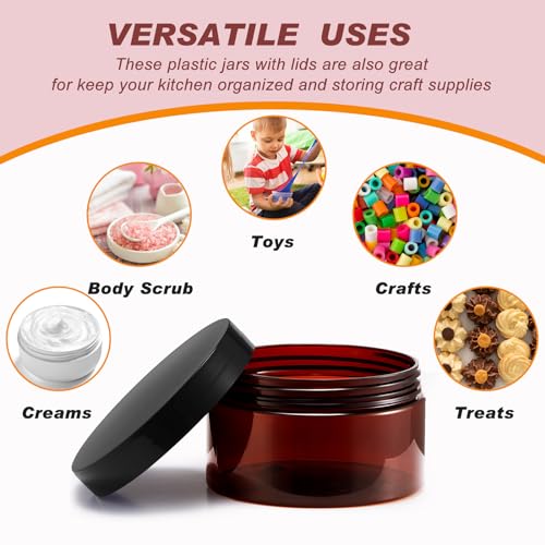 Dandat 24 Pcs 8 oz Plastic Jar Container with Lid and Label Refillable Empty Round Amber Pet Cosmetic Sample Slime Containers for Lotion, Cream, Ointments, Body Butter, Makeup, Travel Storage