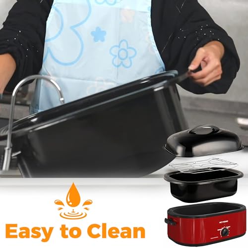 Image of 18 Quart Roaster Oven with Self-Basting Lid, Large Electric Turkey Roaster Oven with Defrost & Warm Function, Adjustable Temperature, Removable Pan & Rack, Stainless Steel, Red