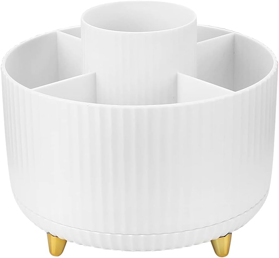 360°Rotating Makeup Organiser, Makeup Brush Holder with 5 Compartments, Rotating Brush Organiser for Cosmetics Perfume Jewellery for Dressing Table Bedroom Bathroom Office, White (XZHZH)