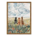 Framed Dog Canvas Wall Art, Cute Three Dogs in Flower Field Pictures Wall Decor, Rustic Farmhouse Animal Nature Paintings Prints Home Decor for Living Room Bedroom Bathroom 12x16 inch