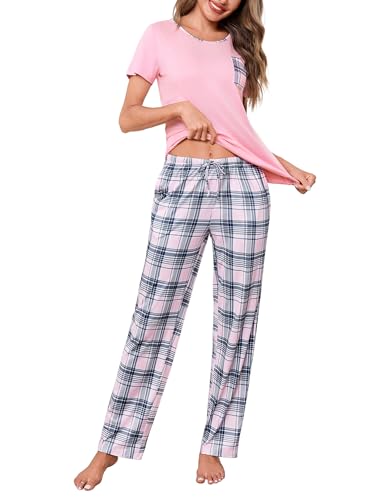 Demegimi Womens Pajamas Set Short Sleeve Cotton Checked Ladies Pjs Loungewear Crew Neck Top and Loose Fit Wide Leg Pants Soft Sleepwear with Pockets Pink