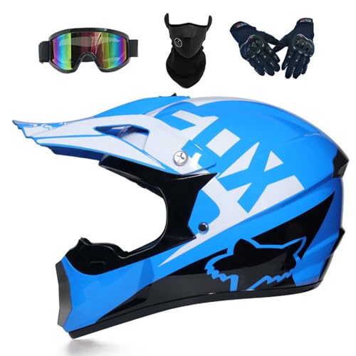 Casco Moto Per Ragazzi Casco Da Cross Bambini Caschi Da Cross Integrale Per Adulti Fuoristrada ATV MTB Enduro Con Occhiali Maschera Guanti Caschi Da Discesa,Blue-L