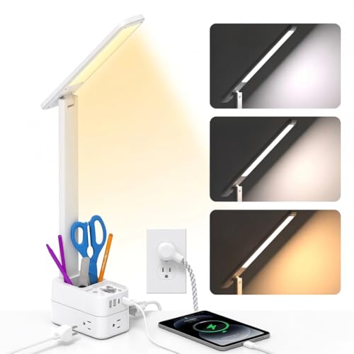 Image of Addtam Desk Lamp with Pen Holder, LED Desk Lamps for Home Office, Power Strip with 3 Outlets 4 USB Charging Ports(2 USBC), 3 Color Modes Touch Lamp, Study Lamps for College Dorm Room Essentials, White