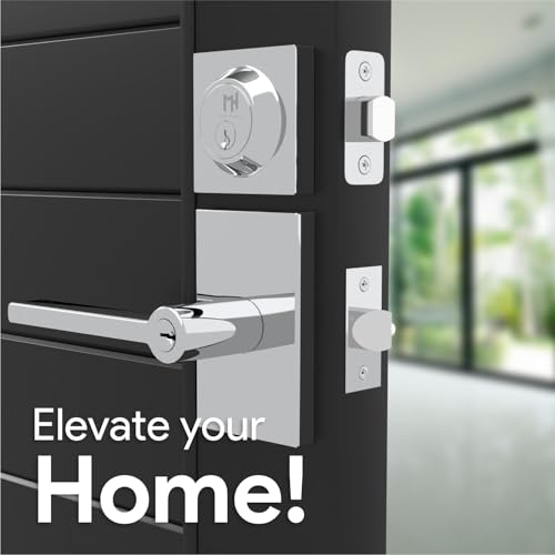 Image of Mega Handles, Glamor Entry Combo, Entry Door Handle and Single Cylinder Deadbolt Lock and Key Combo Pack, Heavy Duty Locking Door Levers for Left or Right-Handed Doors - Polished Chrome