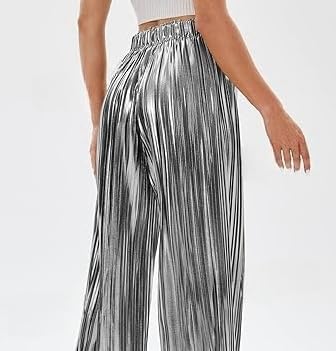 Shiny Women's Pleated Wide Leg Pants High Waist Casual Club Dress3