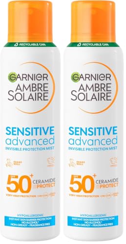 Image of Garnier Ambre Solaire SPF 50+ Sensitive Advanced Dry Mist Sun Cream Spray, Water Resistant & Non Greasy Sunscreen, Fragrance Free, UVA & UVB Protection, Approved by Cruelty Free International, 150ml