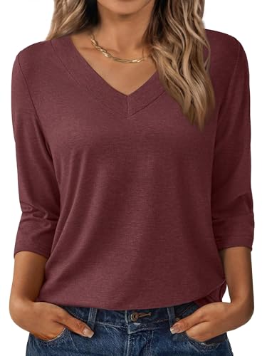 3/4 Length Sleeve Womens Tops V Neck Casual Tunic Loose Fit Basic Shirts Trendy Tops for Women 2026 Wine Red M
