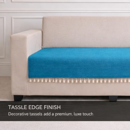 Image of STITCHNEST Jute Sofa Cover - Blue, 70x30 Inch | Soft Textured Fabric with Tassel| Sofa for Living Room Decor