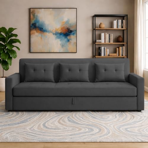 Image of Casaliving Treshta 3 Seater Pull-Out Premium Fabric Sofa Cum Bed Sofa Set for Living Room (Black Fabric Color) Premium Fabric Sofa Set for Living Room Sofa Cum Bed