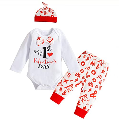 Dibiao Manica Lunga Bambino Neonato Valentine Vestito La Tuta Miei Primo Valentino Pantaloni Giorno Pagliaccetto con Abiti Cappello a Molla ( 18- 24M Bianco )