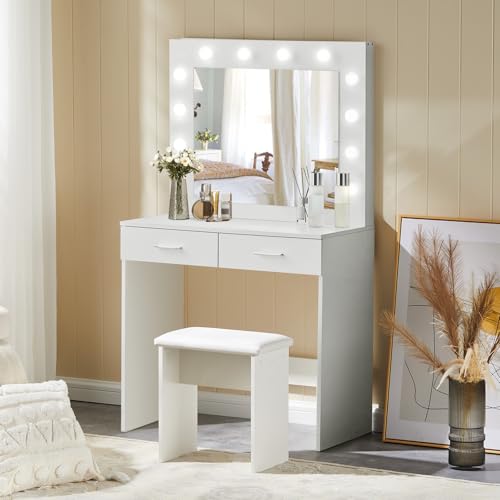 LEMROE Tocador Mesa de Maquillaje con Hollywood LED Espejo, Mueble Tocadores con Luz, 2 Cajones Grandes y Taburete Moderno Blanco