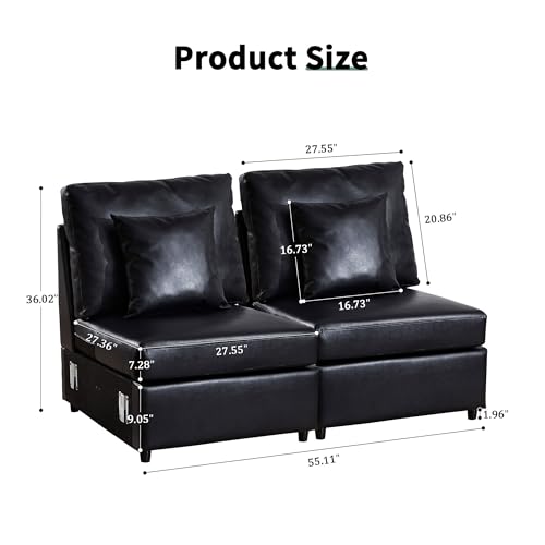Image of RARZOE Modular Sectional Couch Armless Seats Module, Faux Leather Sofa 2 Armless Chairs Middle Module Seats, Modular Sectional Sofa Module for Living Room Home Theater,Black