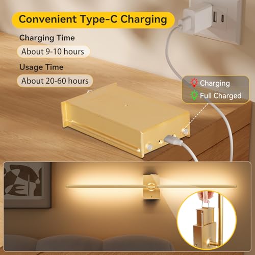 Image of Ouyulong Battery Operated Wall Sconces Set of 2, 10000mAh Wireless Rechargeable 3000-6000K Dimmable 350 Rotate Wall Light with Remote for Living Room, Bedroom 31.6in Gold