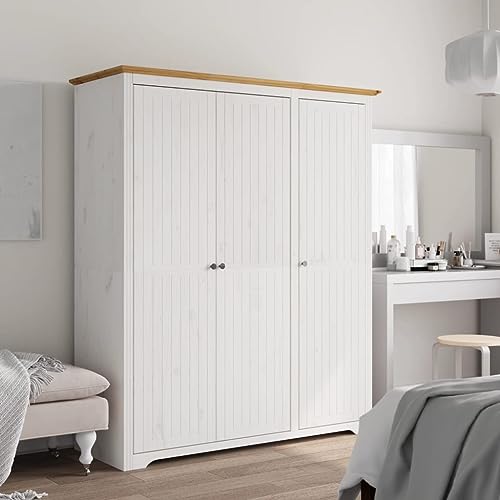 DJEKA Armario BODO Blanco y Marrón Armario de Dormitorio con 3 Puertas con Tiradores de Metal Armario de Madera Armario de Pasillo Armario Armario Vestidos Armario Dormitorio 151,5 x 52 x 176,5 cm