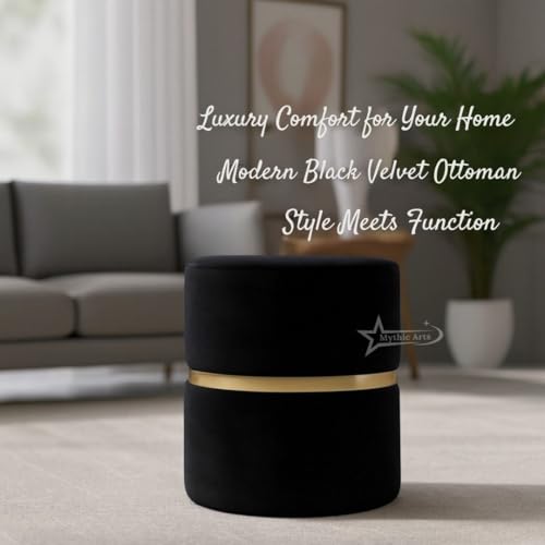Image of Round Single Strip Upholstered Stool Living Room Foot Rest Linen Fabric Padded Seat Pouf Ottoman Office Stool Black