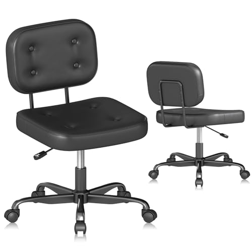 AnyGod Silla De Escritorio Sin Brazos para Oficina En Casa, Asiento Giratorio Compacto con Altura Ajustable y Ruedas, Silla Ergonómica De Respaldo Bajo En Cuero PU Negro